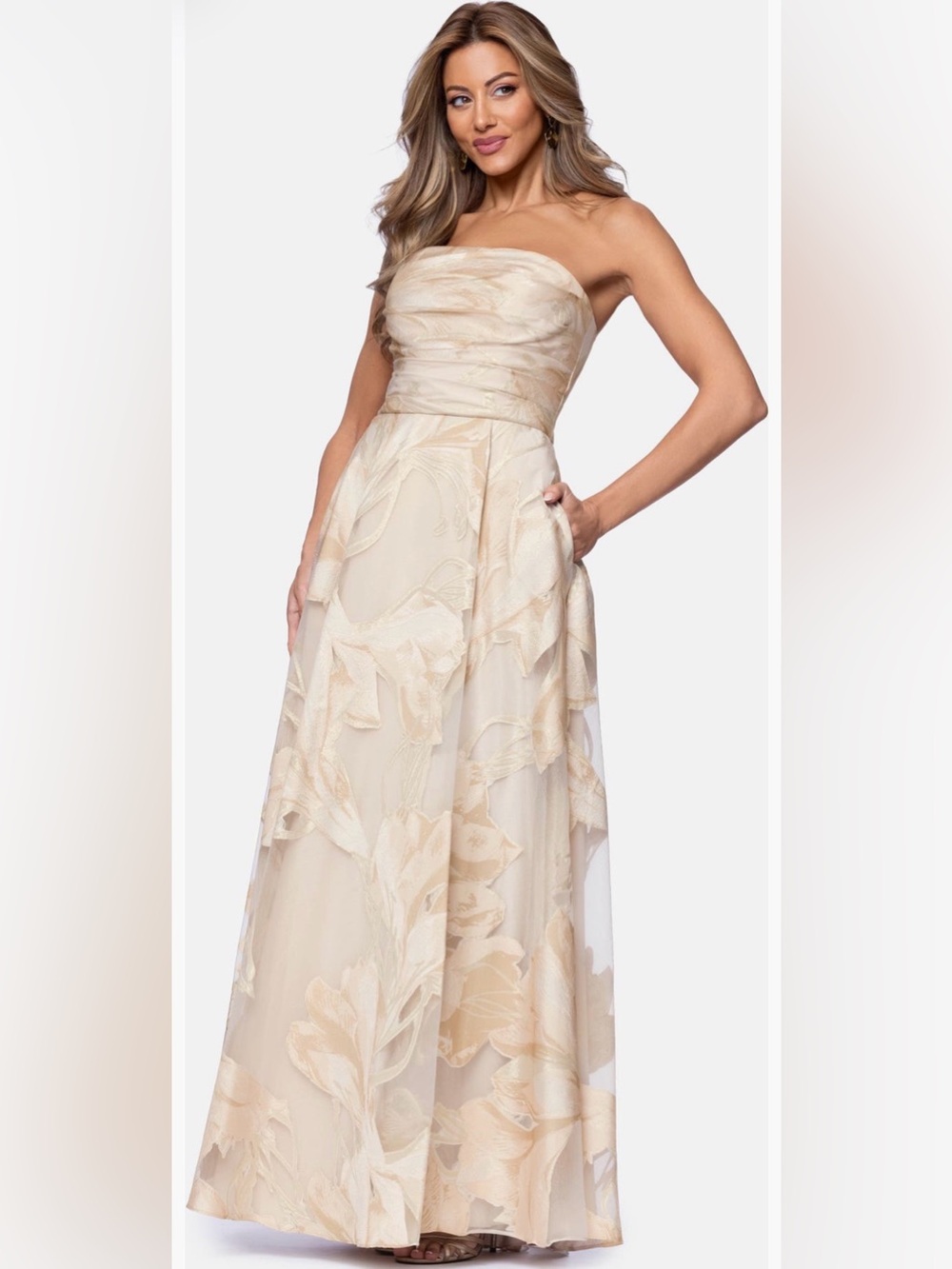 Xscape Evenings Strapless Floral Jacquard A-Line Dress in blush gold Beige